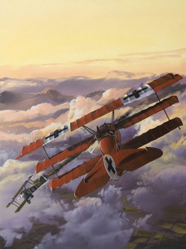 Richthofen’s final victory was recorded on the evening of Saturday, April 20, 1918. In this Rich Thistle painting, the Red Knight of Germany begins to follow his 80th victim, 19 year-old 2nd/Lt. David G. 'Tommy' Lewis, down to the earth below. Painting By Rich Thistle